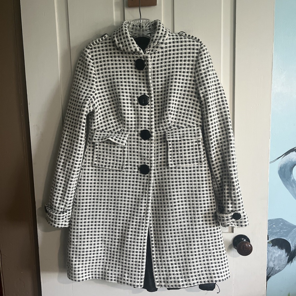 Houndstooth Banana Republic XS Classic Pea Coat Checkered Wool Cotton